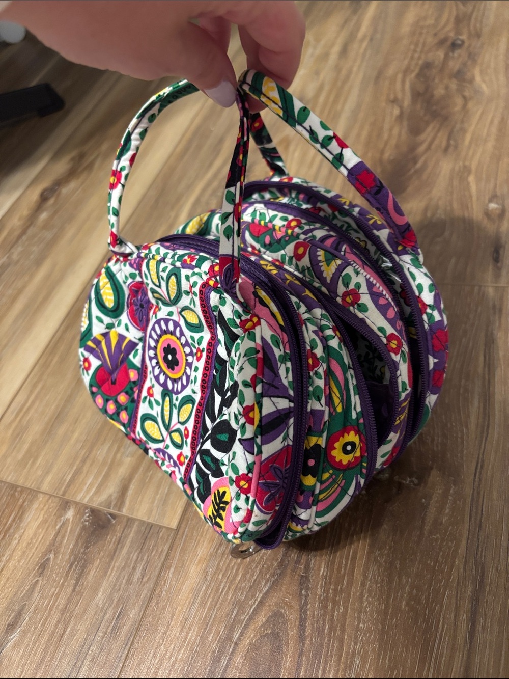 Floral Quilted Multi-Zip Cosmetic Bag - Purple & Green